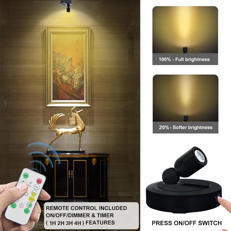 HAMVIDNE Battery LED Spotlight, Indoor Spotlights, Battery Powered Spot Lights with Remote, Up Lighting for Plants, Picture Light for Wall Art Display Dartboard Painting Artwork Accent-2Pack - Image 2